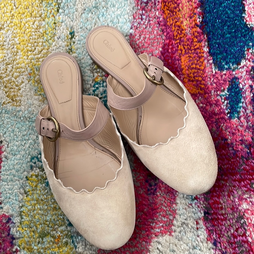 Chloe Suede Scalloped Mules With Buckle Detail